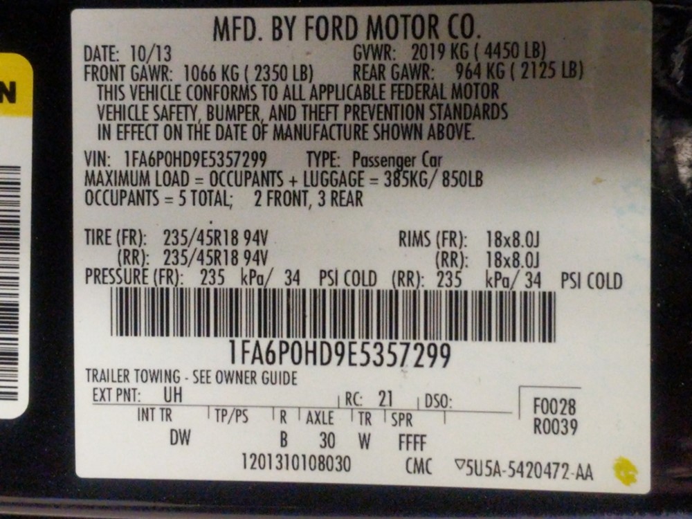 2014 Ford Fusion - VIN Plate
