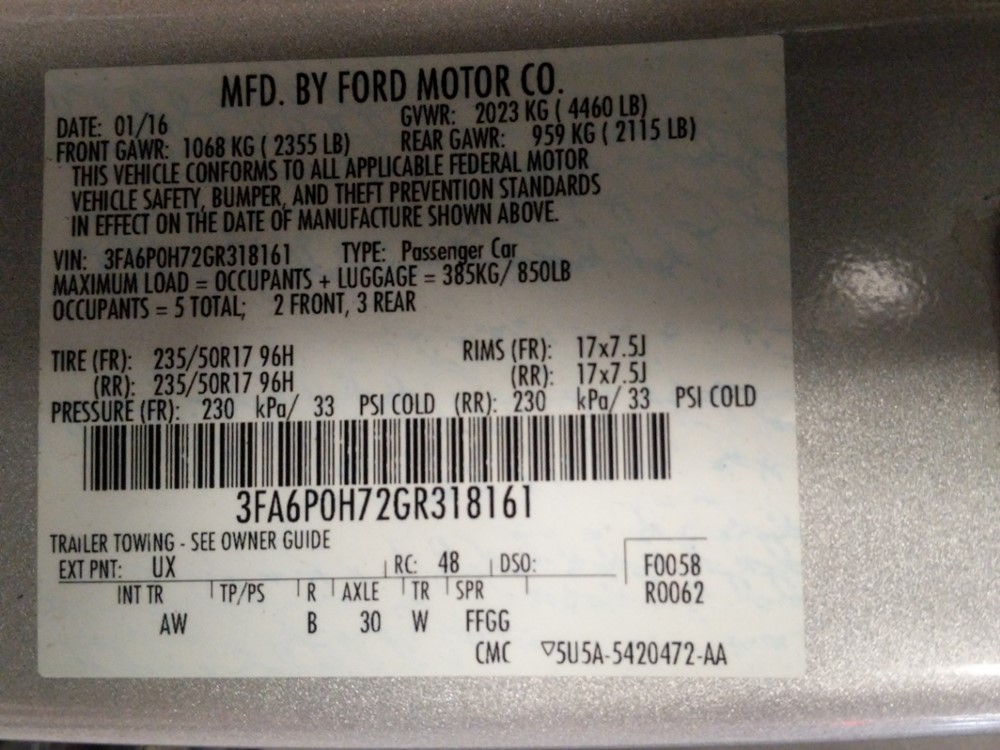 2016 Ford Fusion - VIN Plate