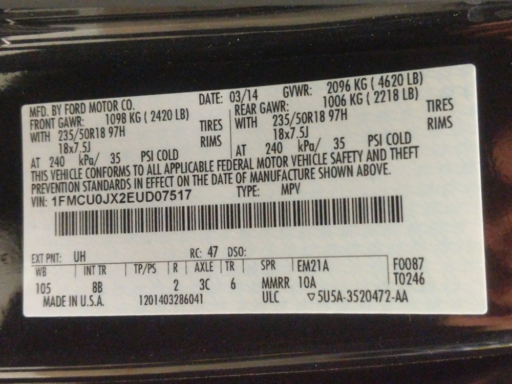 2014 Ford Escape - VIN Plate