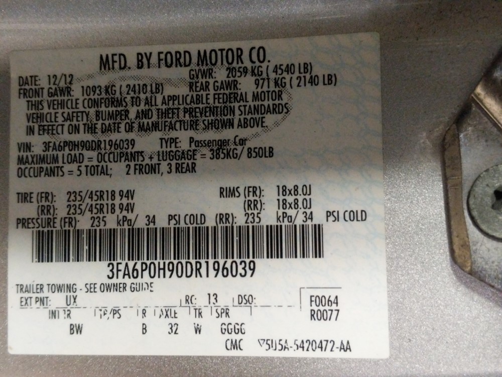 2013 Ford Fusion - VIN Plate