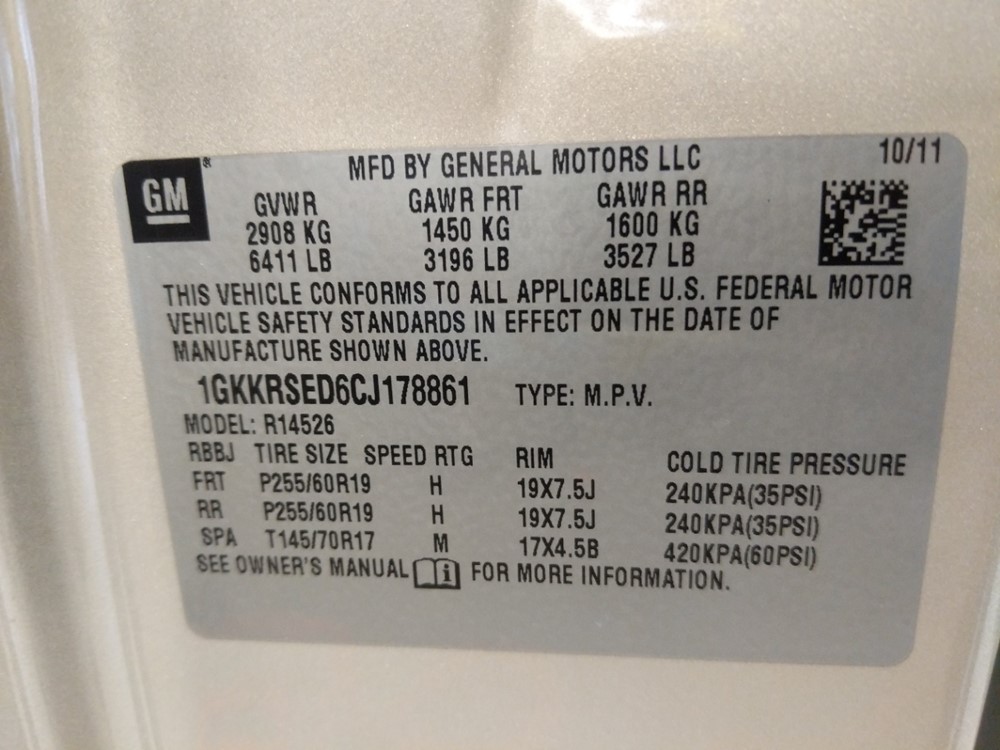 2012 GMC Acadia - VIN Plate