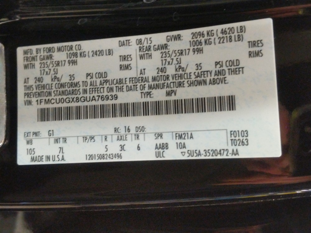 2016 Ford Escape - VIN Plate