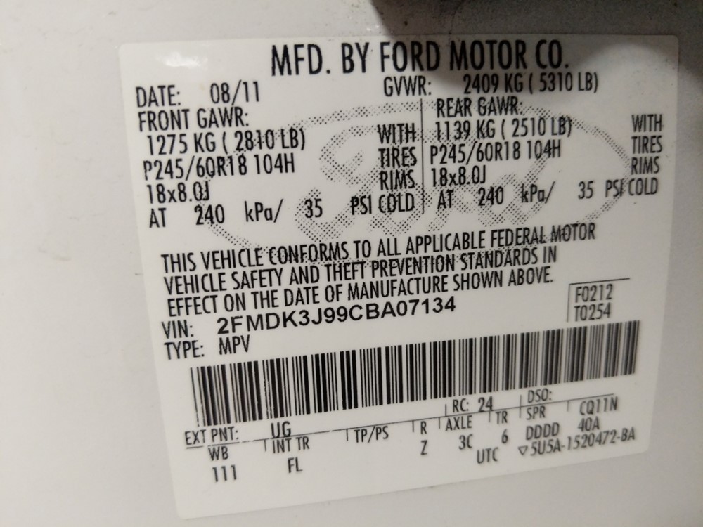 2012 Ford Edge - VIN Plate