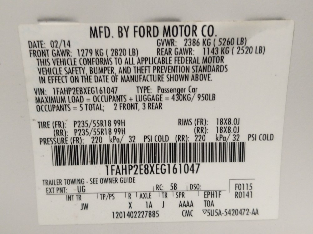 2014 Ford Taurus - VIN Plate