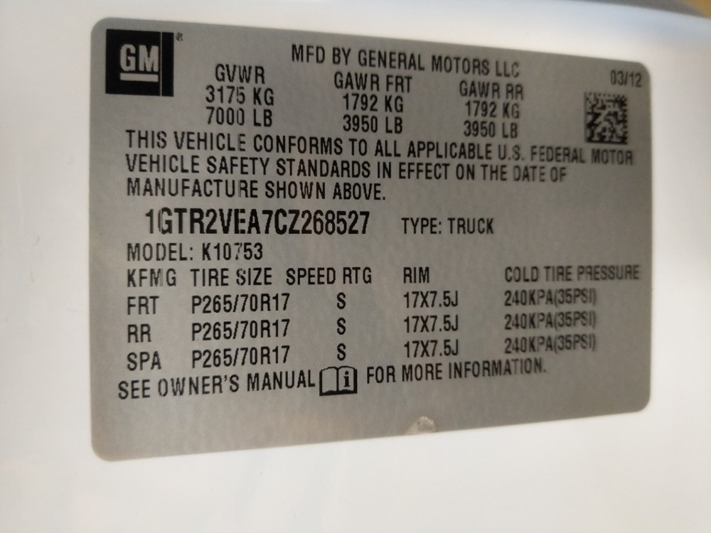 2012 GMC Sierra 1500 - VIN Plate