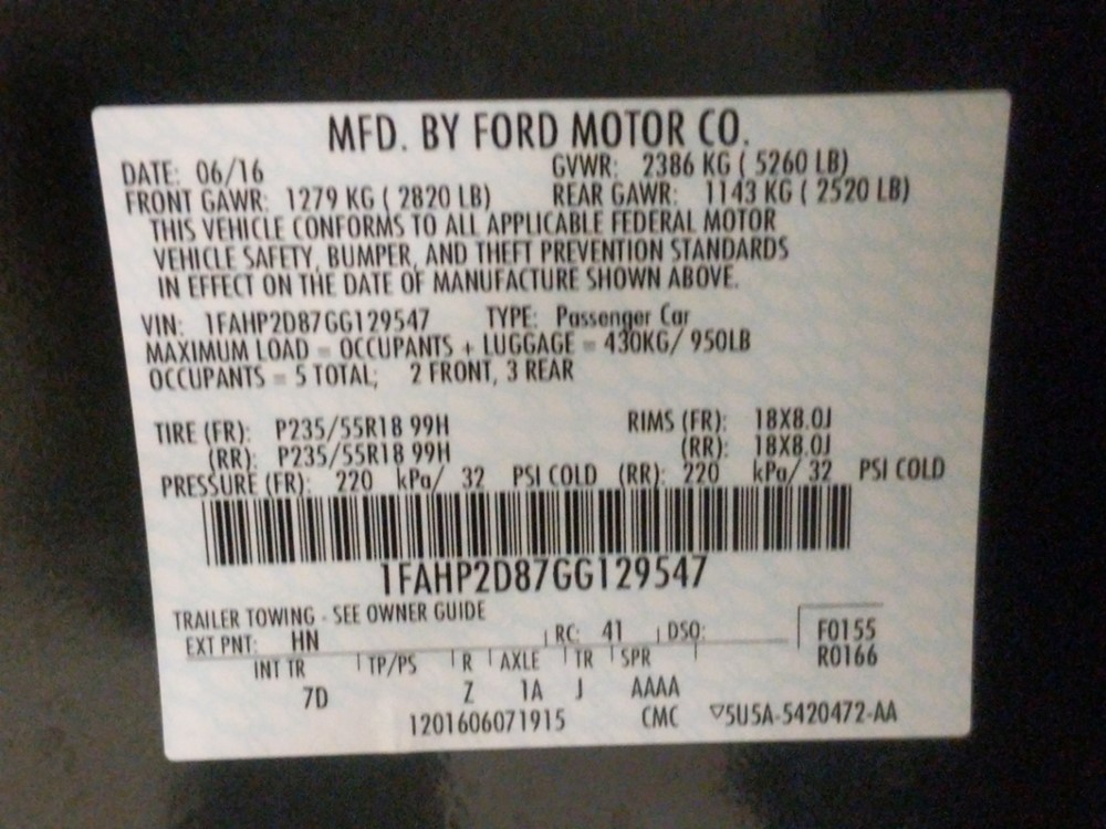 2016 Ford Taurus - VIN Plate