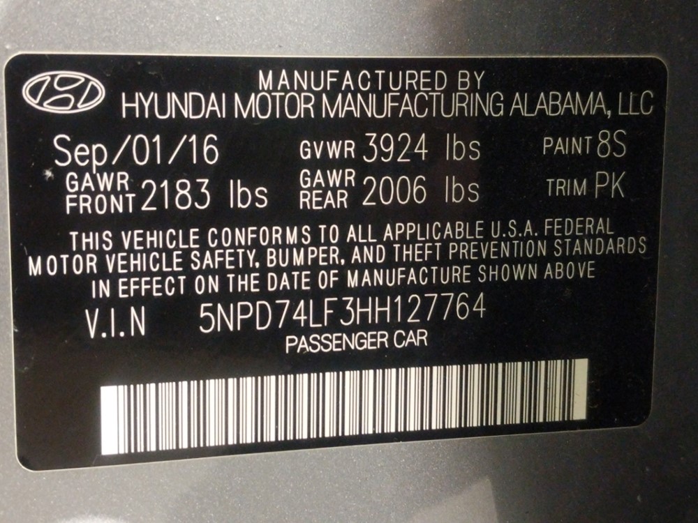 2017 Hyundai Elantra - VIN Plate