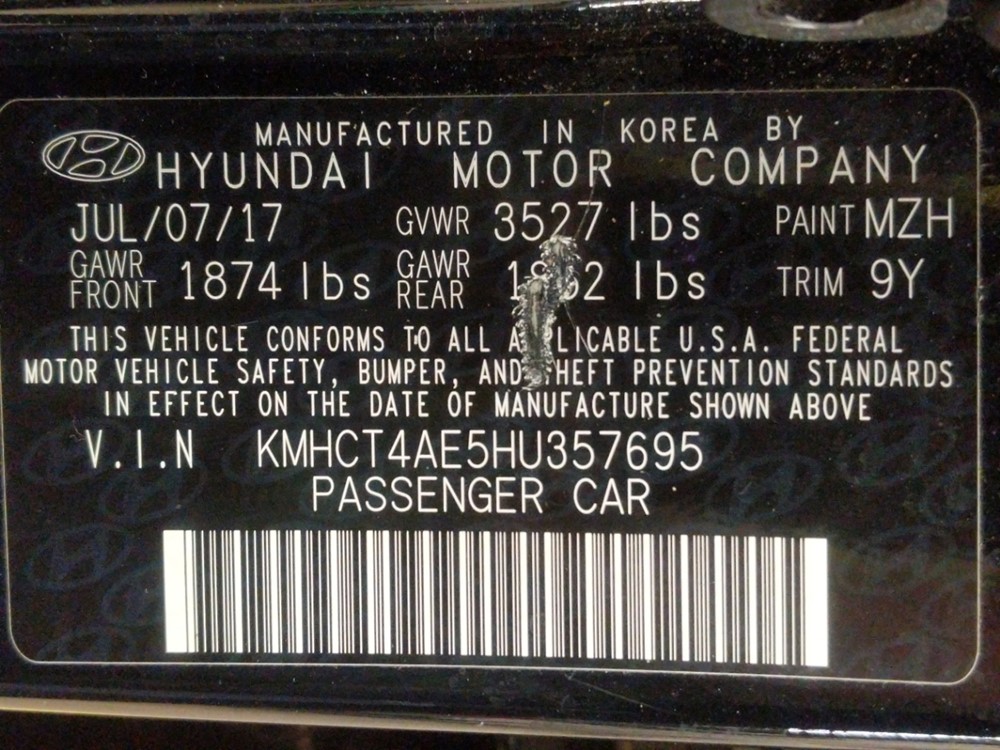 2017 Hyundai Accent - VIN Plate