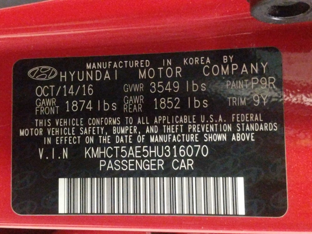 2017 Hyundai Accent - VIN Plate