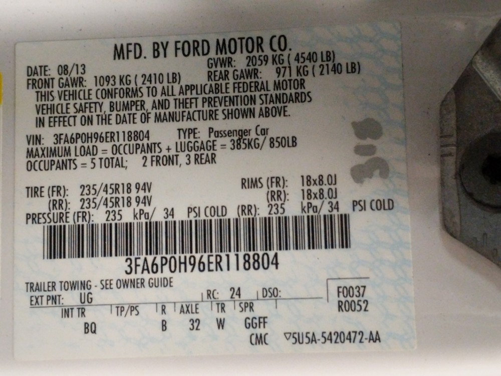 2014 Ford Fusion - VIN Plate