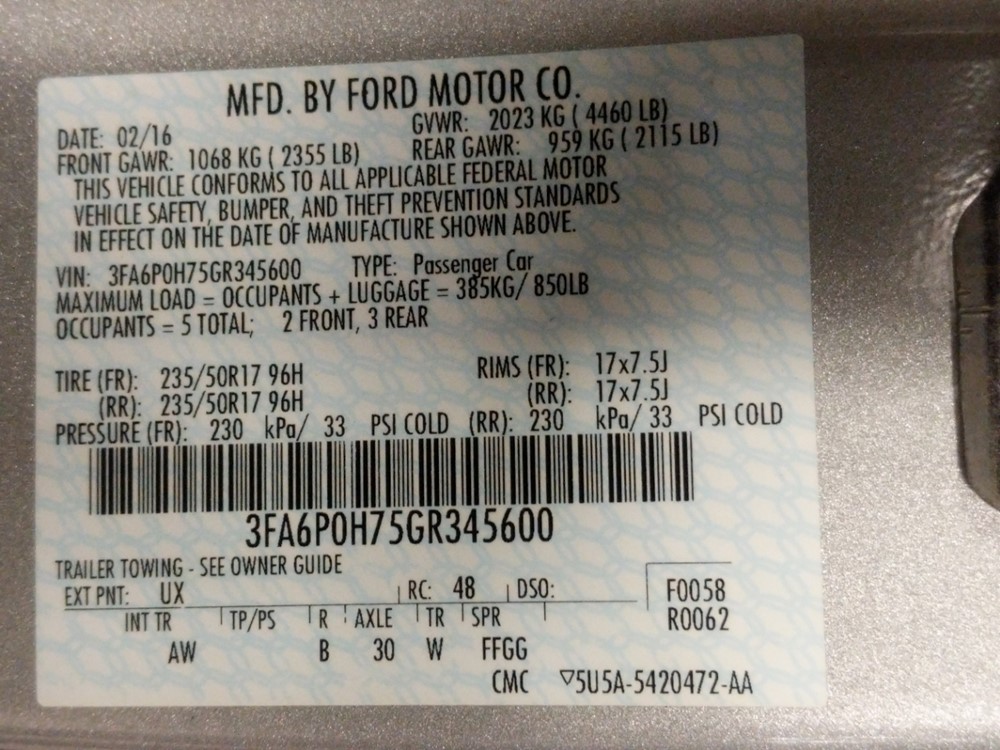 2016 Ford Fusion - VIN Plate