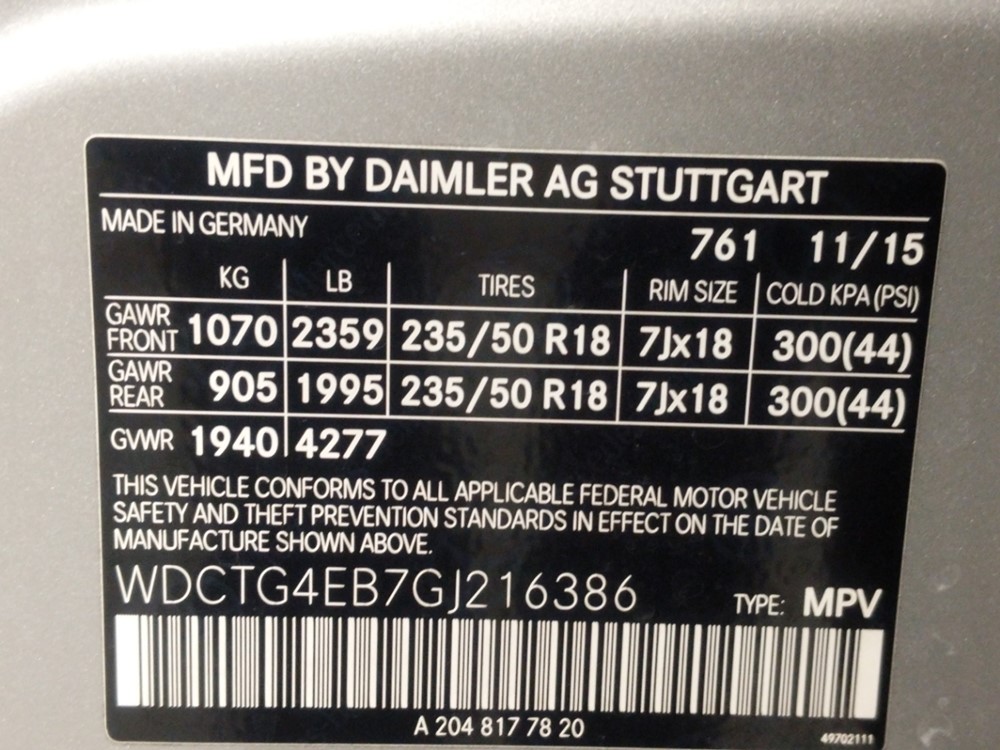 2016 Mercedes-Benz GLA250 - VIN Plate