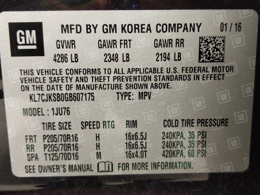 2016 Chevrolet Trax - VIN Plate
