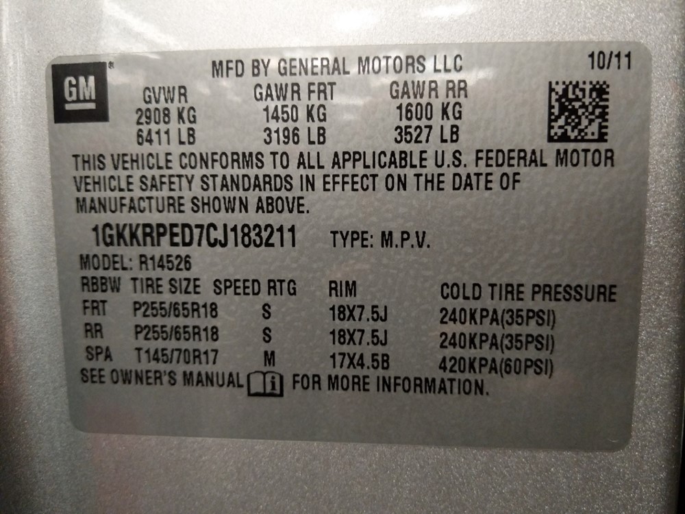 2012 GMC Acadia - VIN Plate