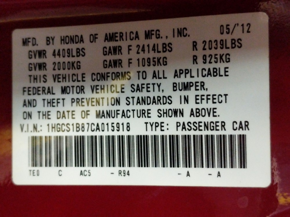 2012 Honda Accord - VIN Plate