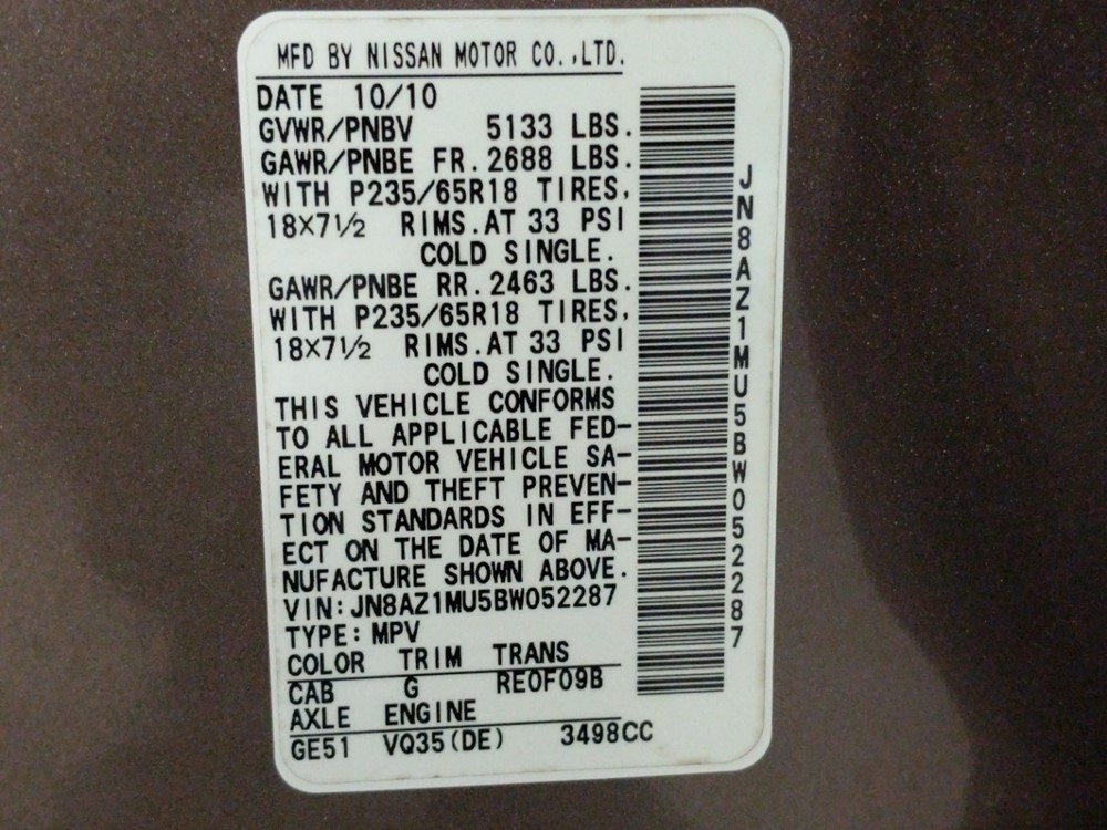 2011 Nissan Murano - VIN Plate