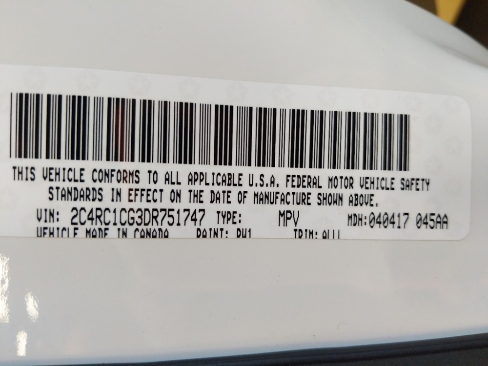2013 Chrysler Town and Country - VIN Plate