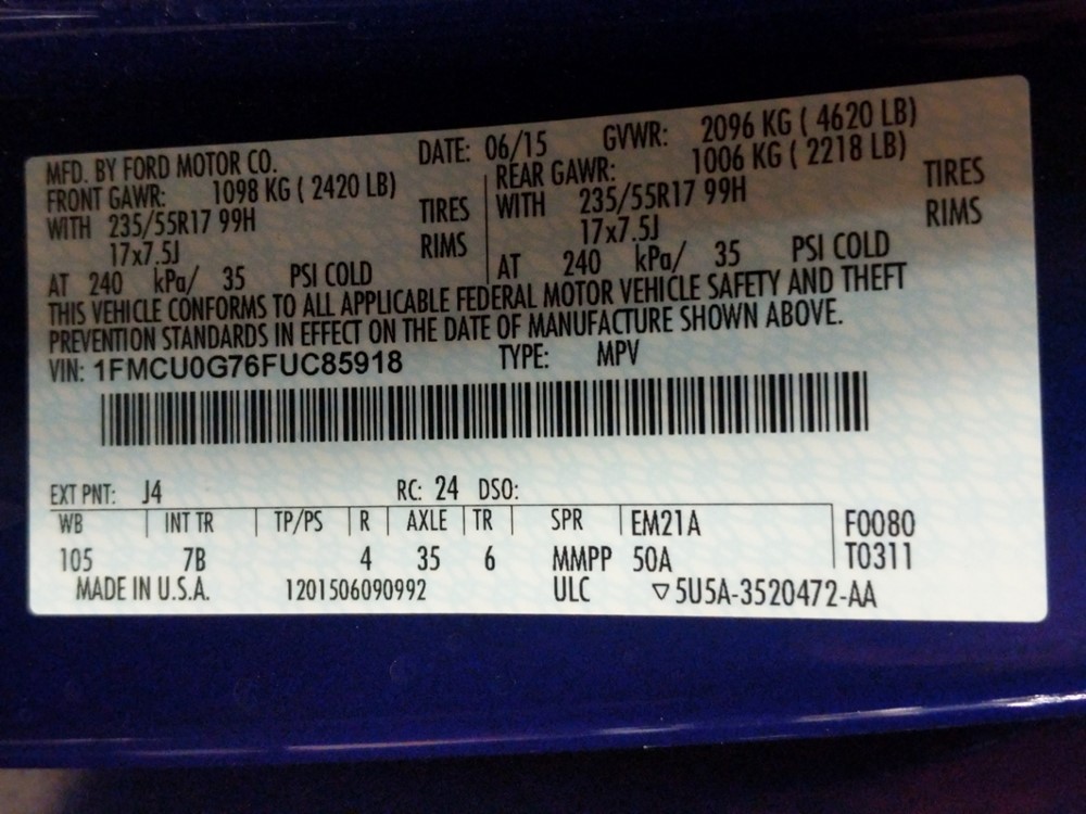 2015 Ford Escape - VIN Plate