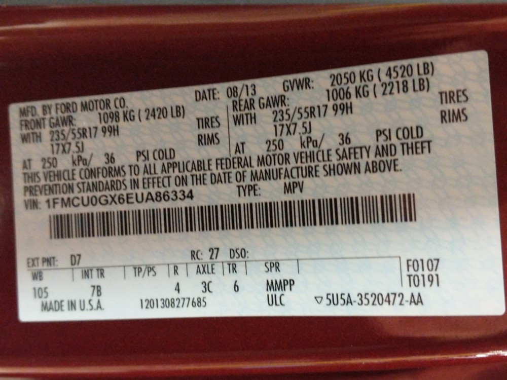 2014 Ford Escape - VIN Plate