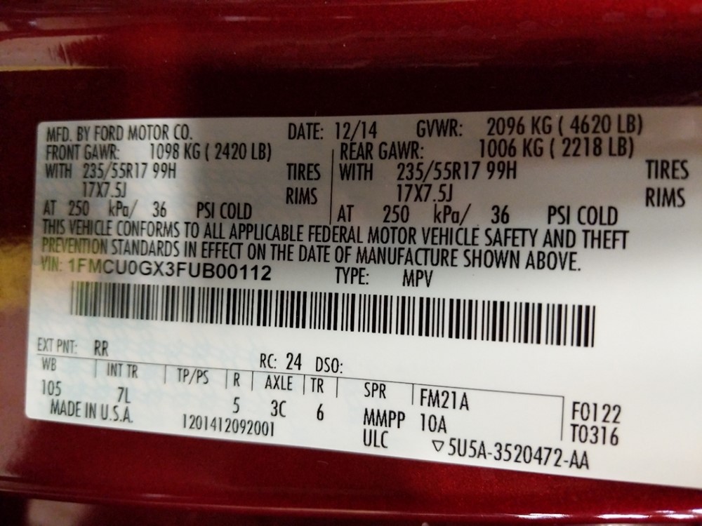 2015 Ford Escape - VIN Plate