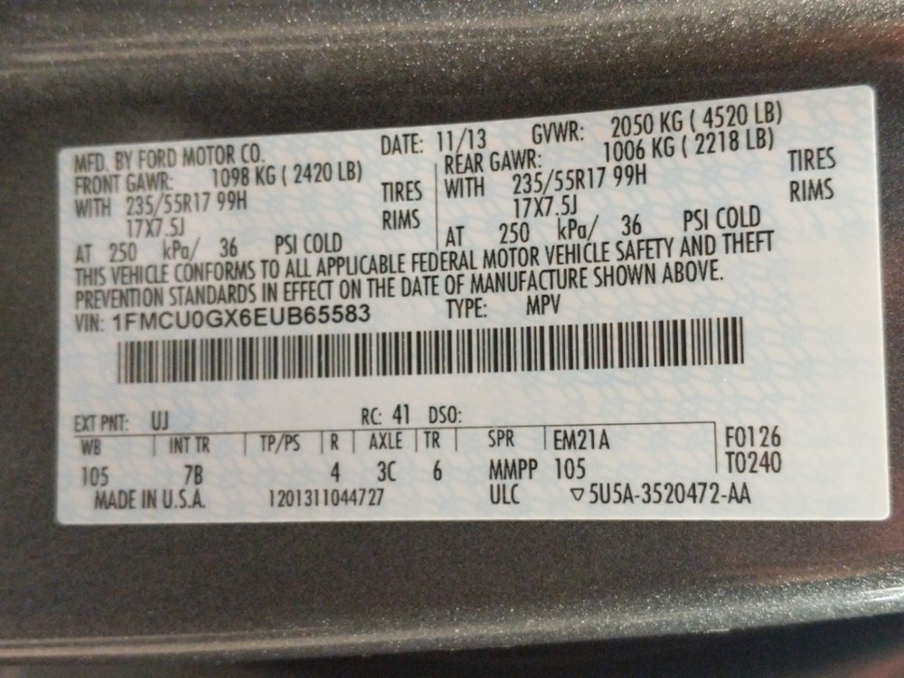2014 Ford Escape - VIN Plate