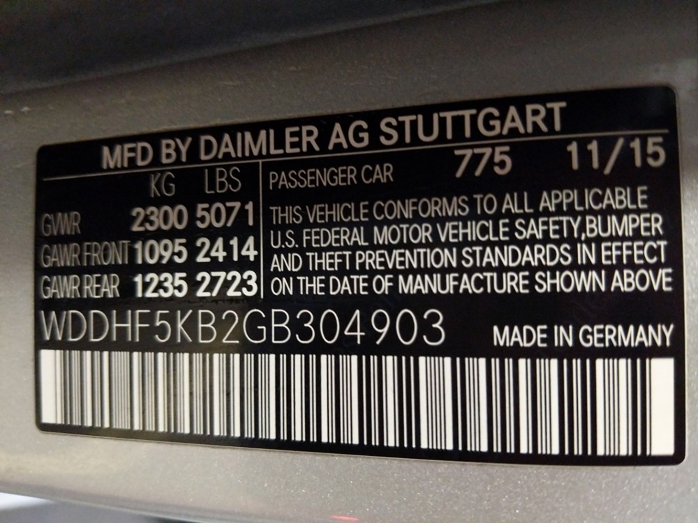 2016 Mercedes-Benz E350 - VIN Plate