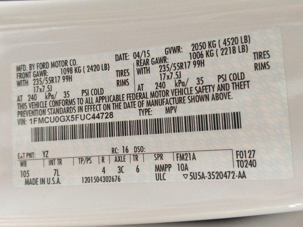 2015 Ford Escape - VIN Plate