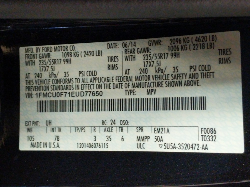 2014 Ford Escape - VIN Plate