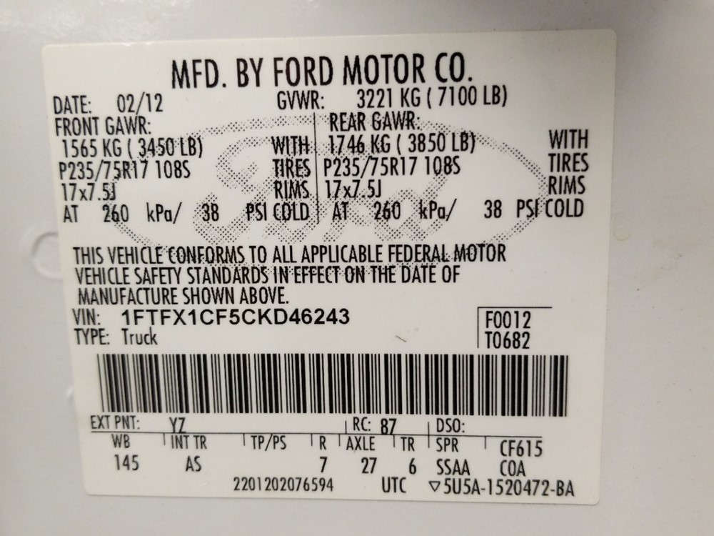 2012 Ford F-150 - VIN Plate