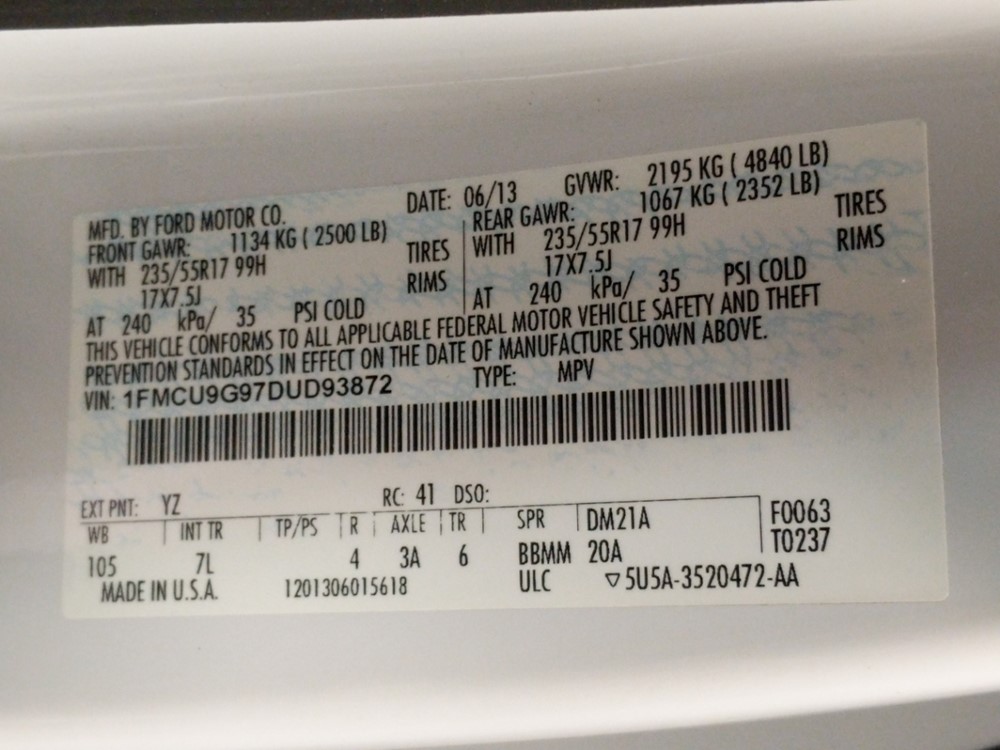 2013 Ford Escape - VIN Plate