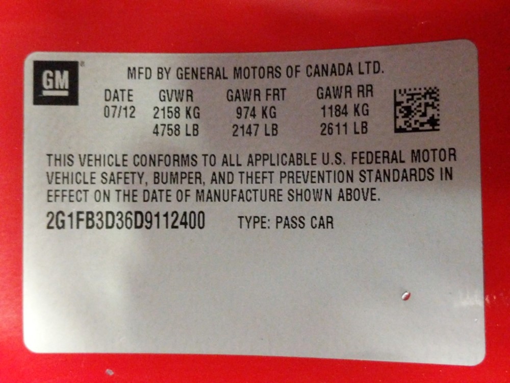 2013 Chevrolet Camaro - VIN Plate