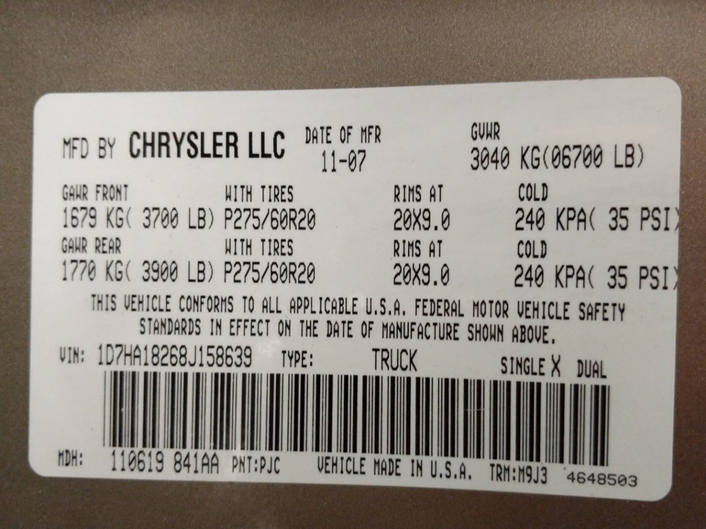 2008 Dodge Ram 1500 - VIN Plate