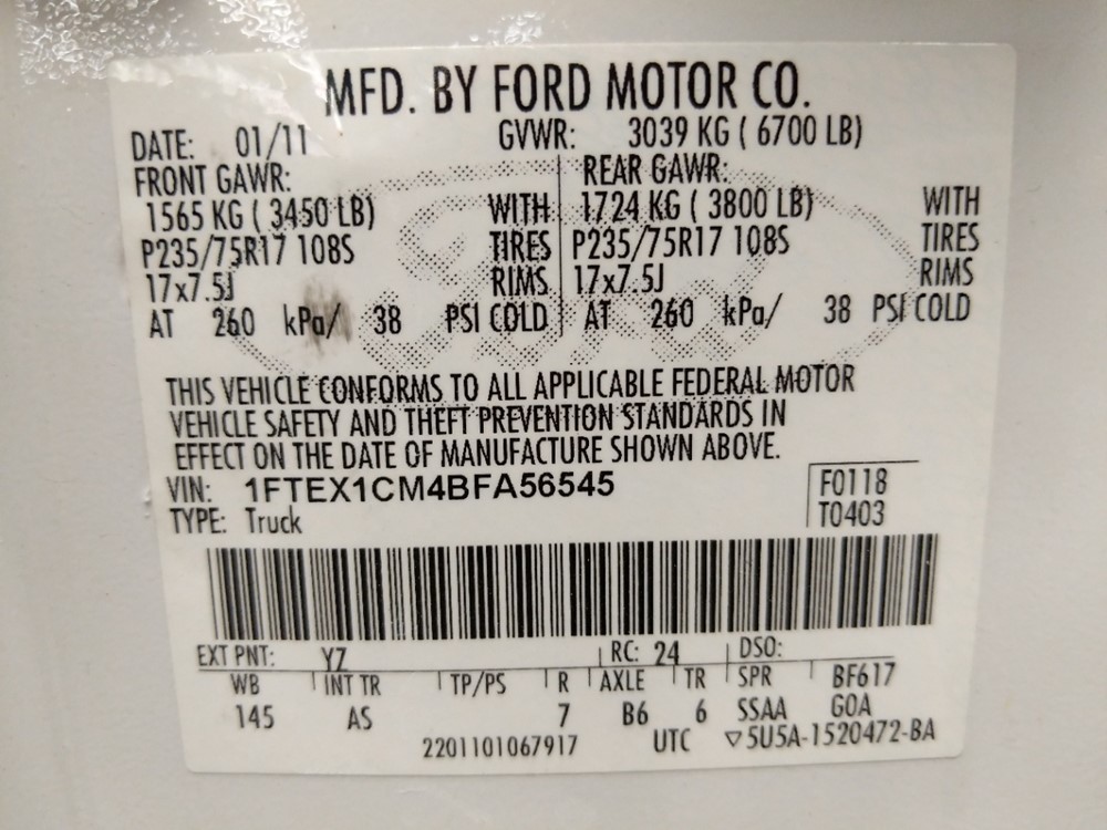2011 Ford F-150 - VIN Plate