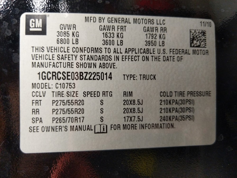 2011 Chevrolet Silverado 1500 - VIN Plate
