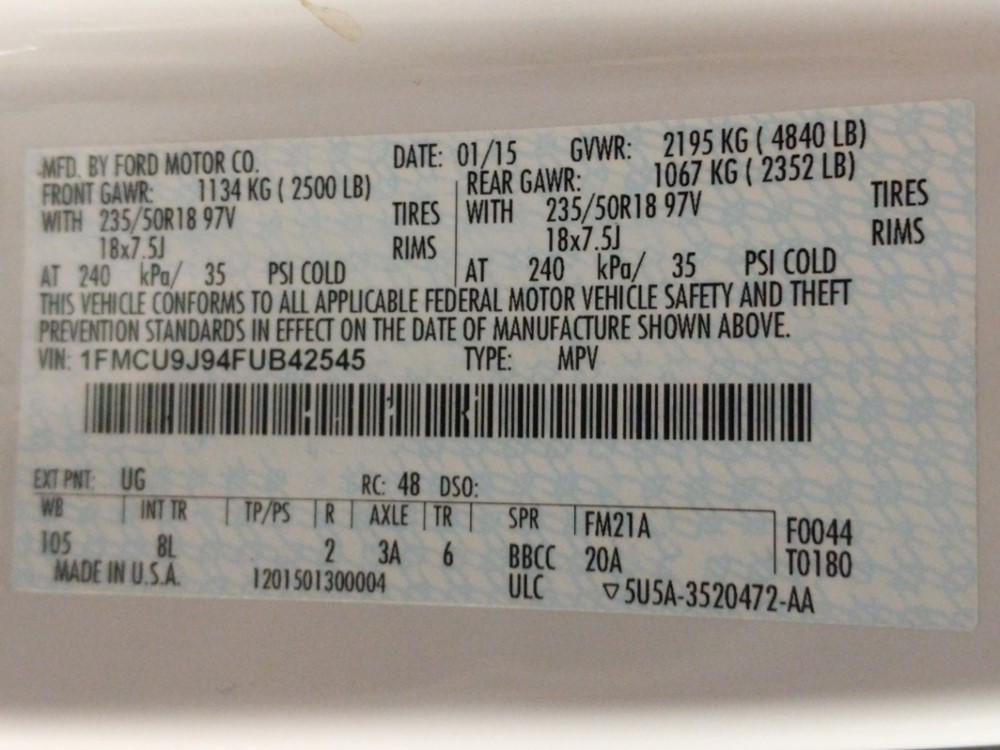 2015 Ford Escape - VIN Plate