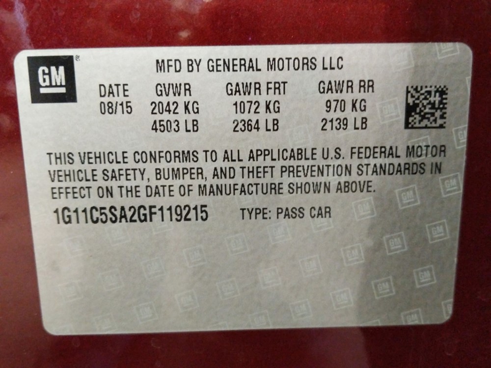 2016 Chevrolet Malibu - VIN Plate