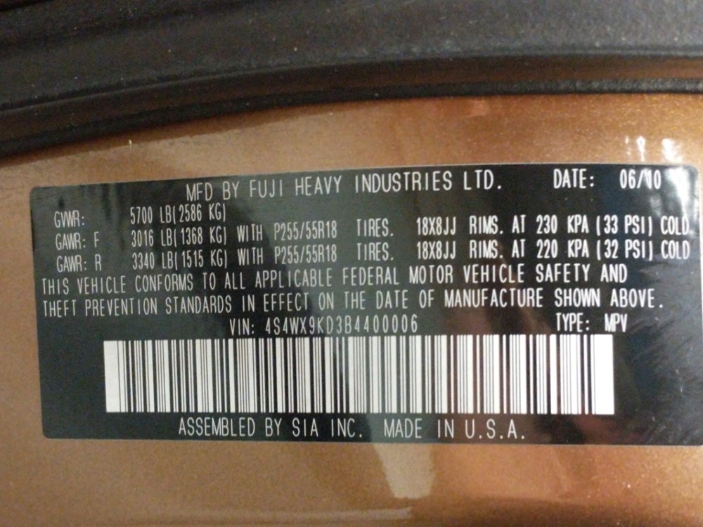 2011 Subaru Tribeca - VIN Plate