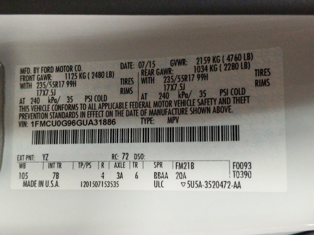 2016 Ford Escape - VIN Plate