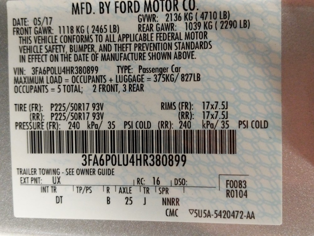 2017 Ford Fusion - VIN Plate