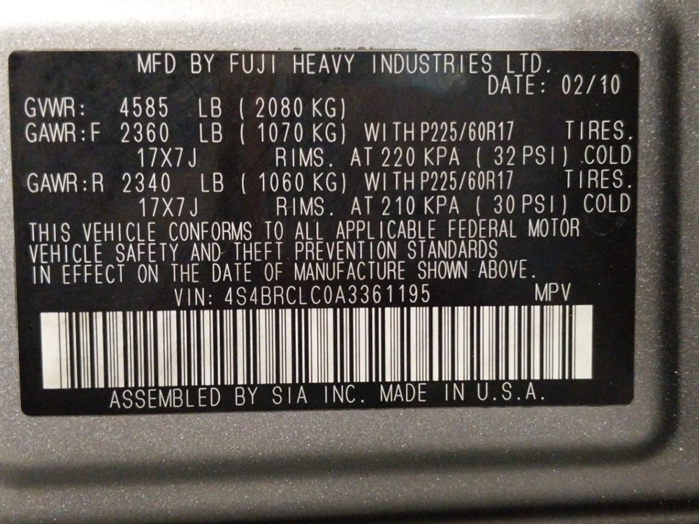 2010 Subaru Outback - VIN Plate
