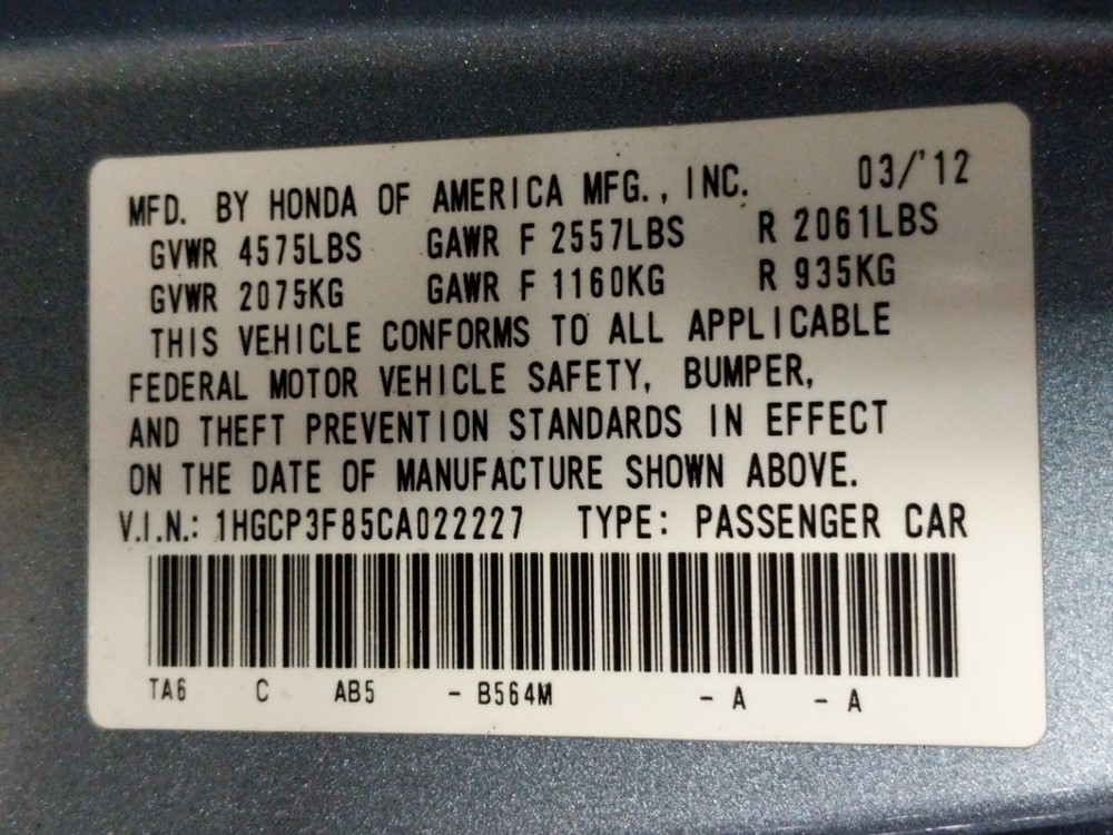 2012 Honda Accord - VIN Plate