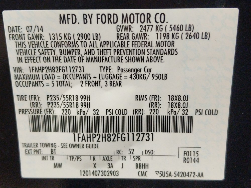 2015 Ford Taurus - VIN Plate