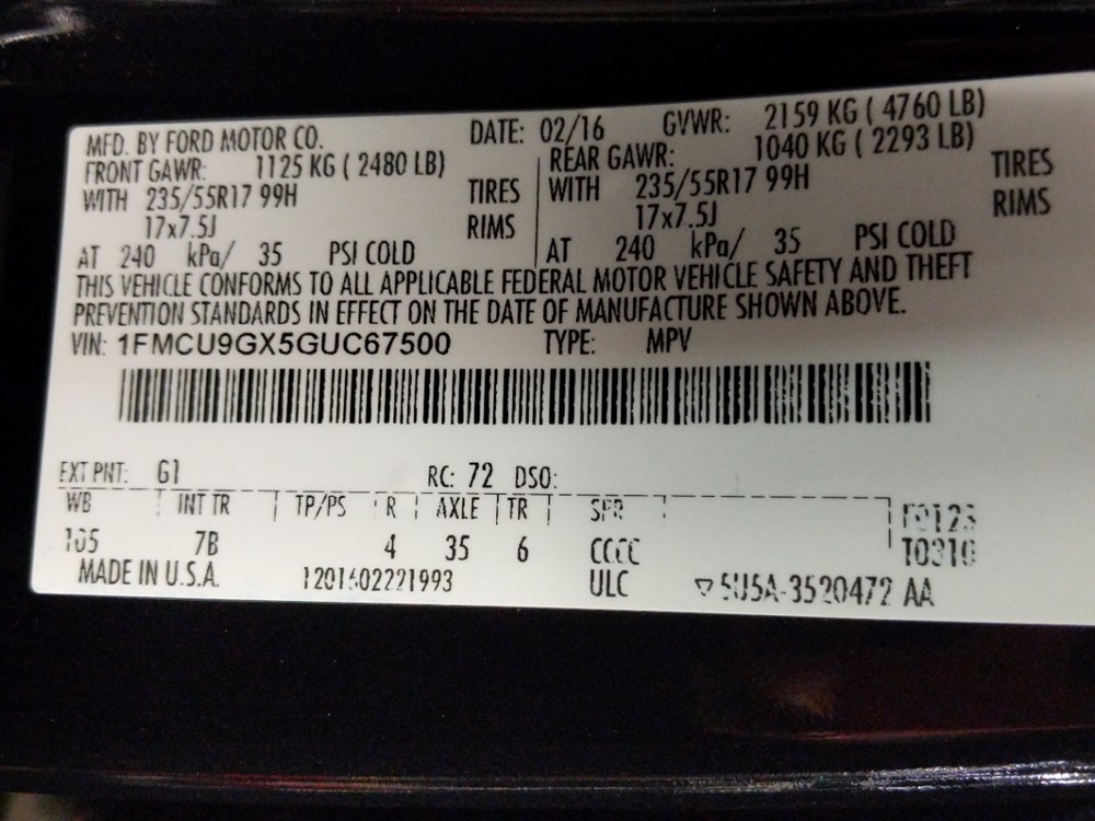 2016 Ford Escape - VIN Plate