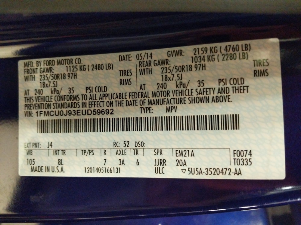 2014 Ford Escape - VIN Plate