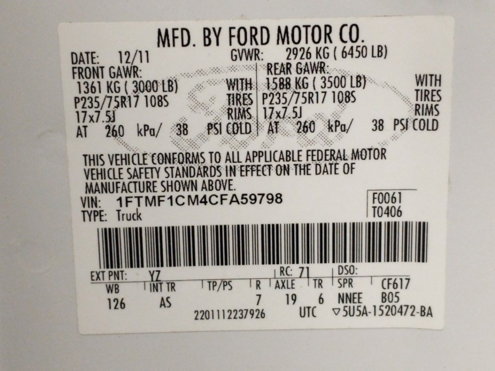 2012 Ford F-150 - VIN Plate