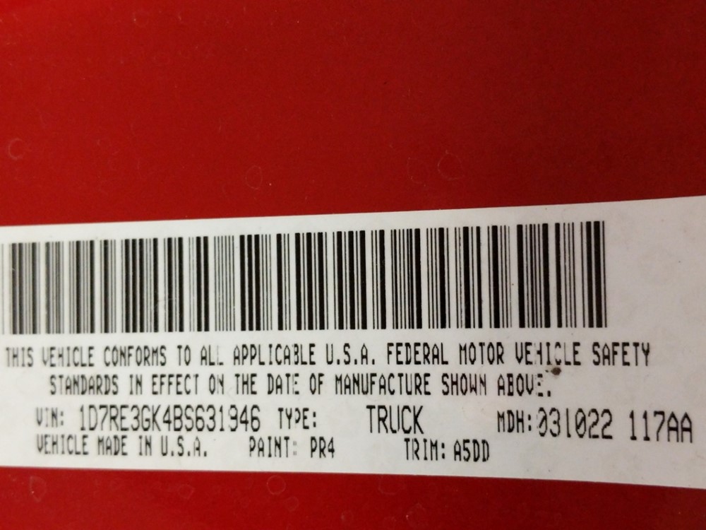 2011 Dodge Dakota - VIN Plate