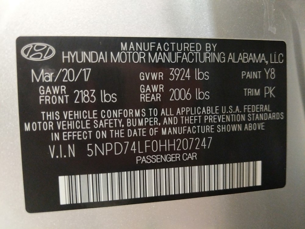 2017 Hyundai Elantra - VIN Plate