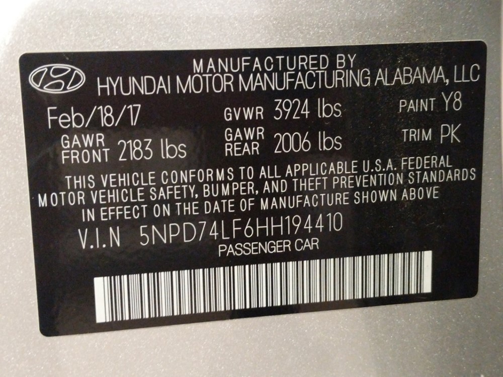 2017 Hyundai Elantra - VIN Plate