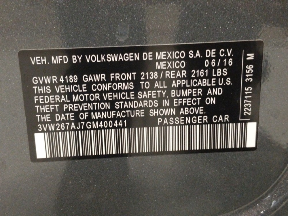 2016 Volkswagen Jetta - VIN Plate