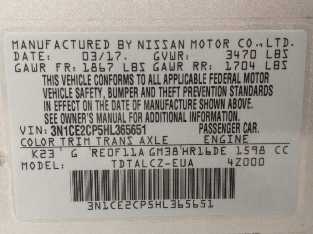 2017 Nissan Versa - VIN Plate